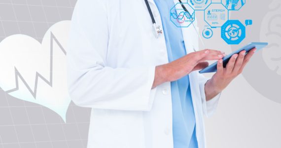 composite image of doctor using digital tablet